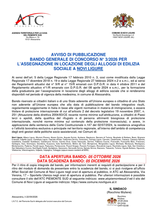 AVVISO DI PUBBLICAZIONE BANDO GENERALE DI CONCORSO N° 3/2026 PER LASSEGNAZIONE IN LOCAZIONE DEGLI ALLOGGI DI EDILIZIA SOCIALE nel Comune di NOVI LIGURE