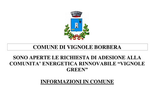 APERTURA RICHIESTE DI ADESIONE ALLA COMUNITA' ENERGETICA RINNOVABILE "VIGNOLE GREEN"