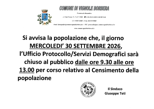 Chiusura al pubblico Ufficio Protocollo/Servizi Demografici nella giornata di mercoledì 30 settembre 2026