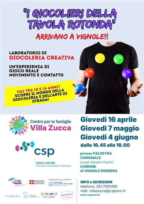 I GIOCOLIERI DELLA TAVOLA ROTONDA arrivano a VIGNOLE!!
Un laboratorio creativo dedicato ai ragazzi dai 10 ai 14 anni per scoprire il mondo della giocoleria creativa e dellarte di strada attraverso il gioco, il movimento e il contatto reale.